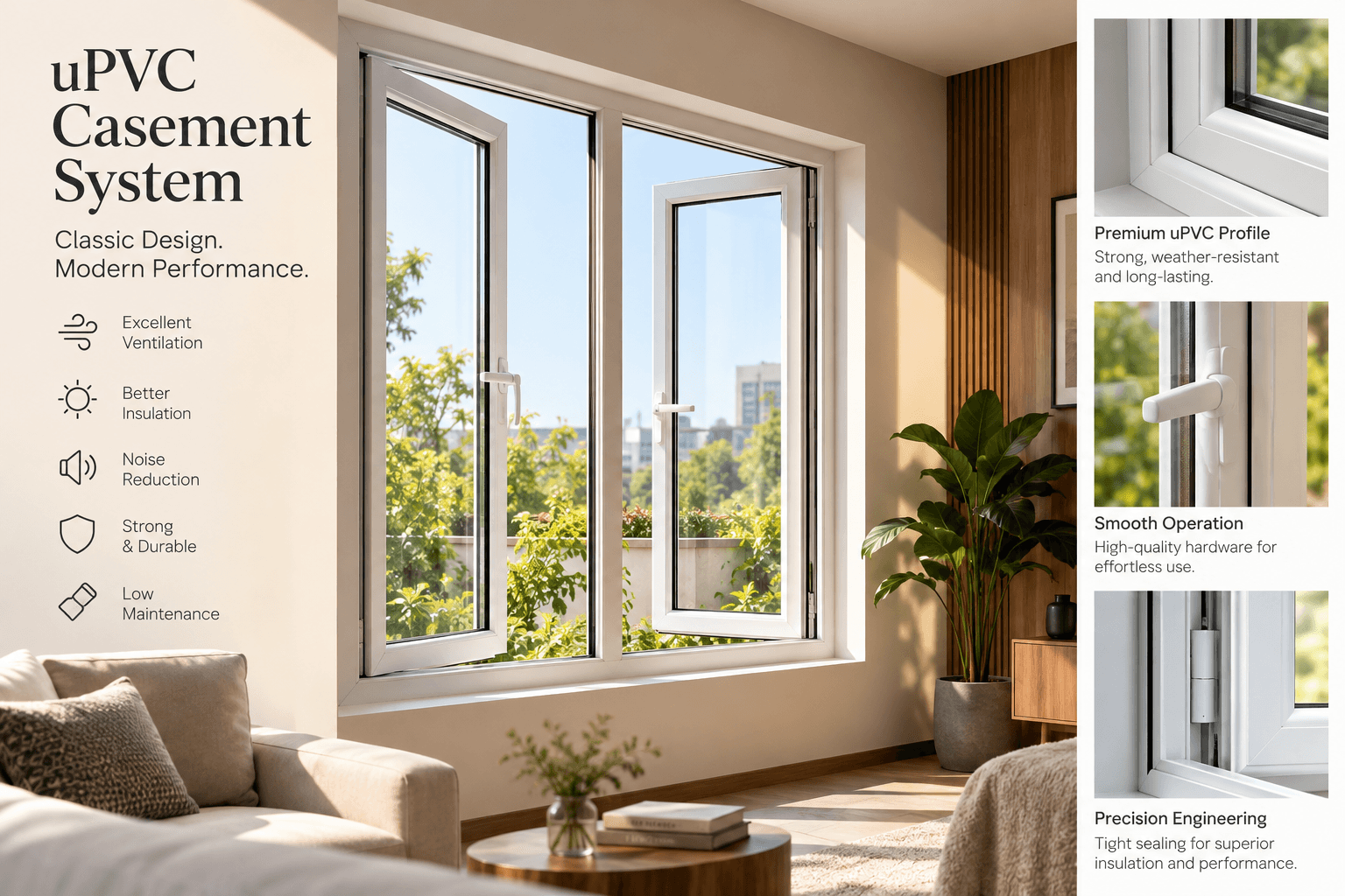 White-framed modern window looking out to a garden, illustrative product reference