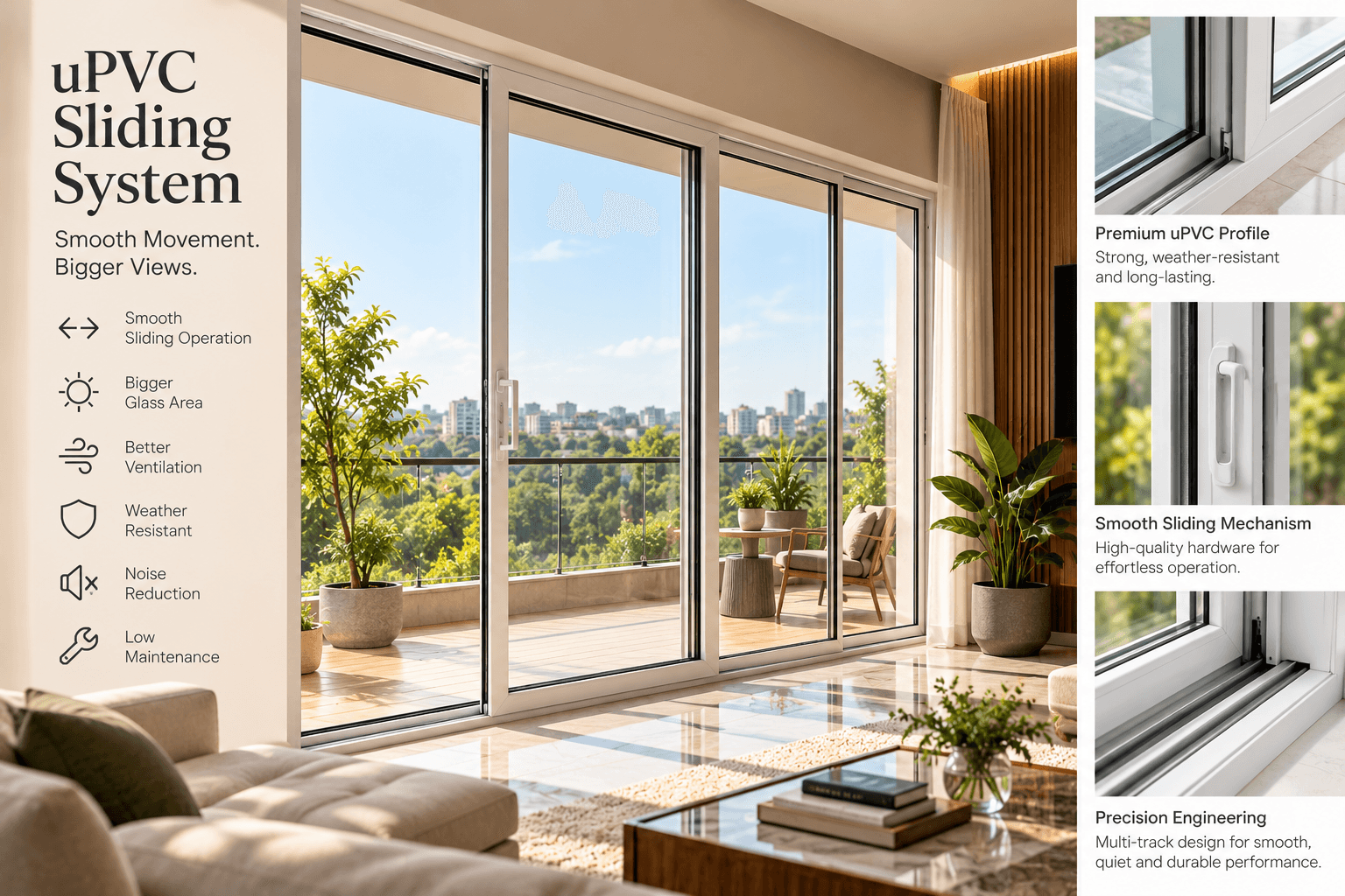 Wide sliding glass doors opening from a living room to a poolside terrace, illustrative product reference
