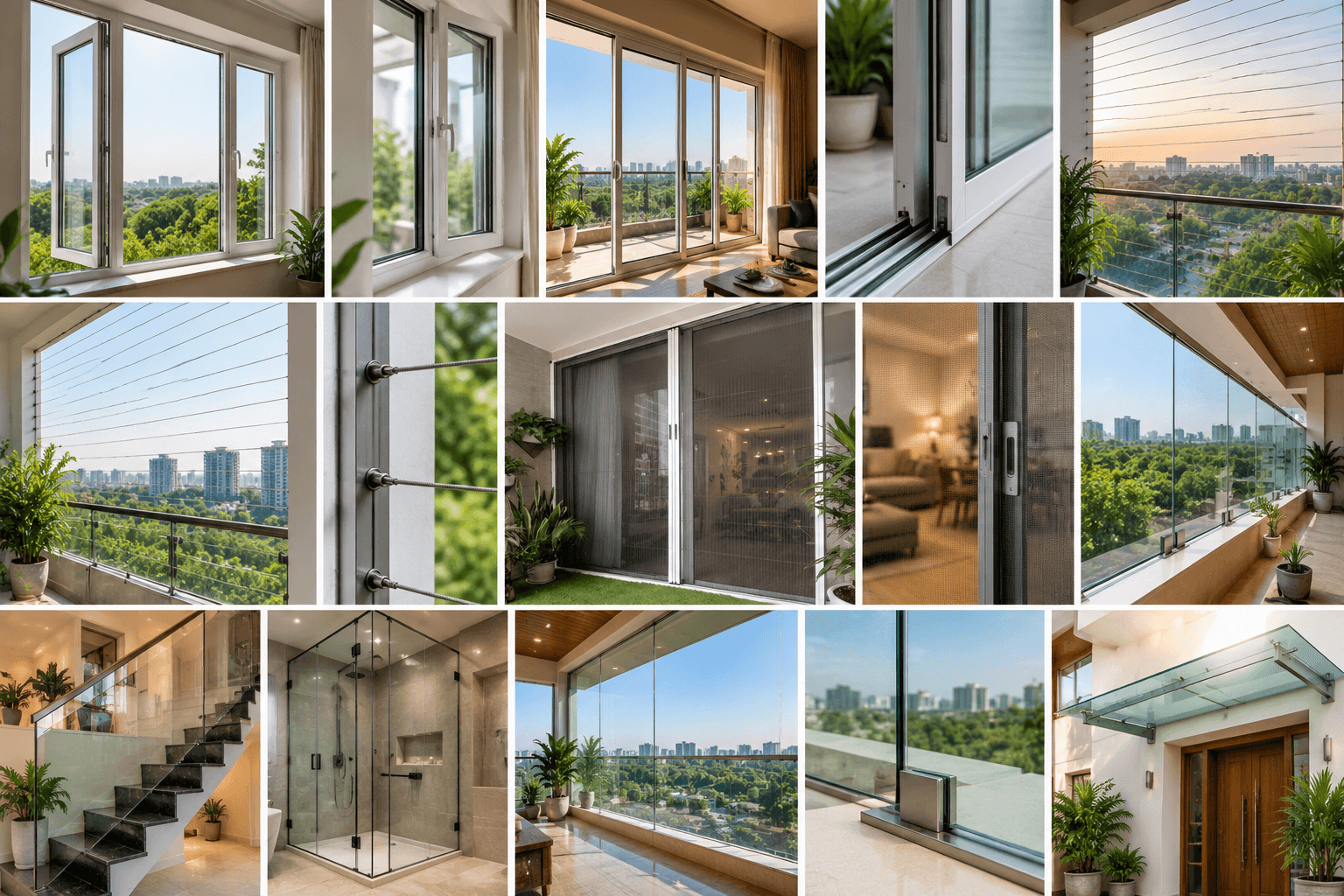 A collage of uPVC windows, sliding systems, balcony glass, invisible grills, mesh screens and interior glass installations